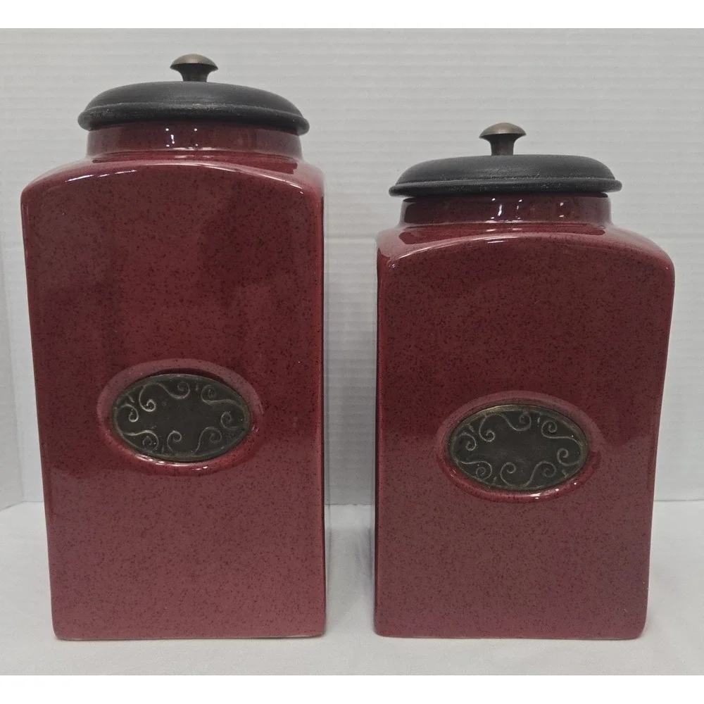Vtg PIER 1 Import Rustic Brick Red 2 Ceramic Canister Jars W/Vacuum Lip Lid Set